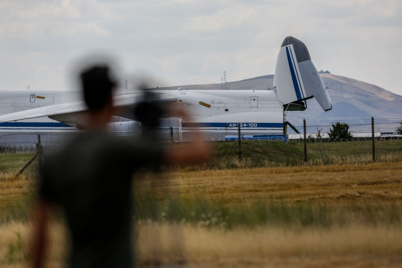 A Russian An-124 cargo plane transporting parts of the S-400 air defense system from Russia, after it landed at Murted Airfield on July 12, 2019 in Ankara, Turkey.